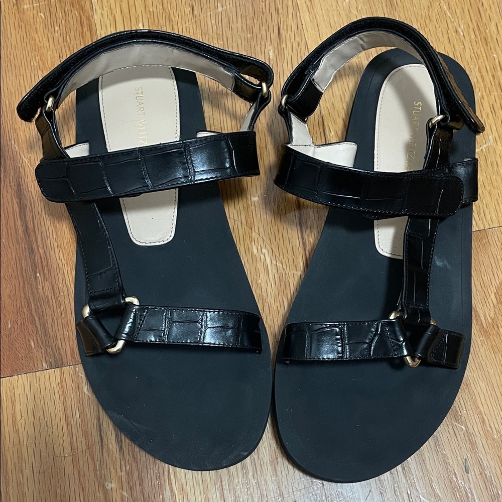Stuart Weitzman Black Croc-Embossed Sandals